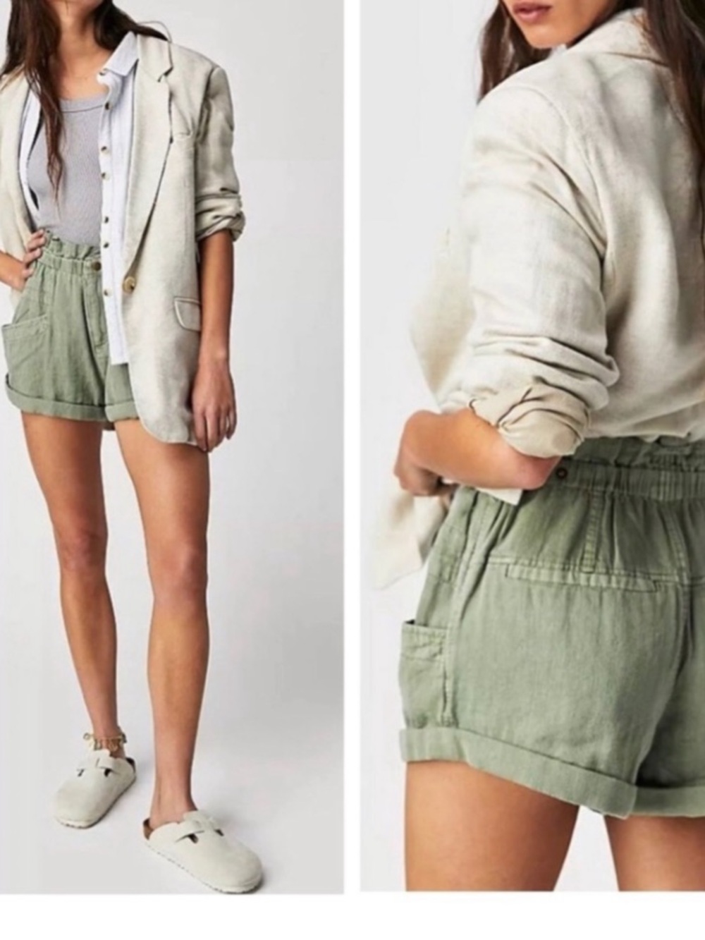 Free People High-Waist Olive Green Linen-Blend Shorts